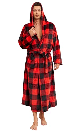 VOGMATE Bademantel mit Kapuze Herren Fleece Flauschig Lang Bademäntel Kuschelig Plüsch Morgenmantel Frottee Hausmantel Gittermuster Rot Schwarz S/M von VOGMATE