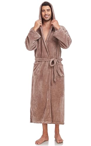 VOGMATE Bademantel mit Kapuze Herren Fleece Flauschig Lang Bademäntel Kuschelig Plüsch Morgenmantel Frottee Hausmantel Streifen Braun S-M von VOGMATE