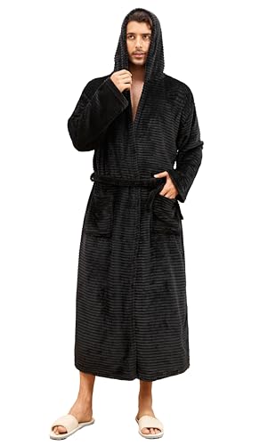 VOGMATE Bademantel mit Kapuze Herren Fleece Flauschig Lang Bademäntel Kuschelig Plüsch Morgenmantel Frottee Hausmantel Streifen Schwarz S-M von VOGMATE
