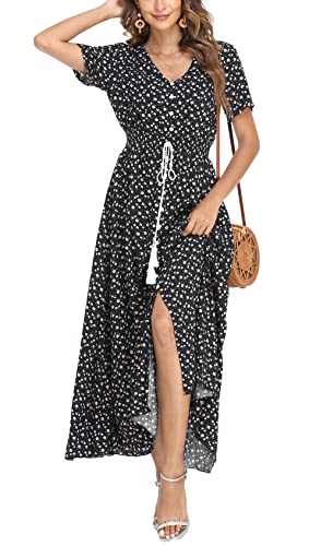 VOGMATE Boho Kleid Damen Lange V-Ausschnitt Kurzarm Blumen Maxikleider Damen Sommer Strandkleid Sommerkleid Herbstkleid Partykleid Blumenkleid Elegant mit Schlitz,L von VOGMATE