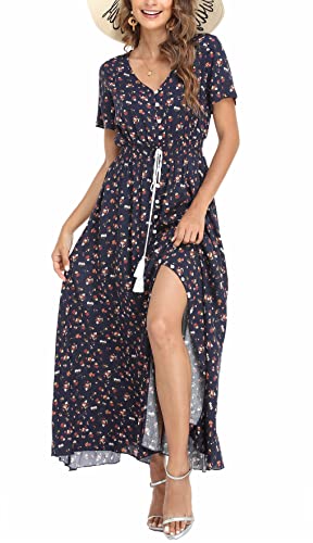 VOGMATE Boho Kleid Damen Lange V-Ausschnitt Kurzarm Blumen Maxikleider Damen Sommer Strandkleid Sommerkleid Herbstkleid Partykleid Blumenkleid Elegant mit Schlitz,L von VOGMATE