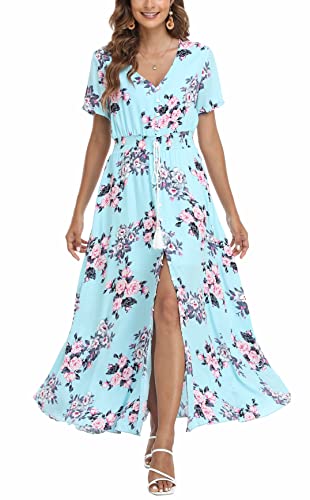 VOGMATE Boho Kleid Damen Lange V-Ausschnitt Kurzarm Blumen Maxikleider Damen Sommer Strandkleid Sommerkleid Herbstkleid Partykleid Blumenkleid Elegant mit Schlitz,L von VOGMATE