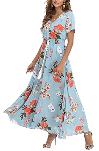 VOGMATE Boho Kleid Damen Lange V-Ausschnitt Kurzarm Blumen Maxikleider Damen Sommer Strandkleid Sommerkleid Herbstkleid Partykleid Blumenkleid Elegant mit Schlitz,L von VOGMATE