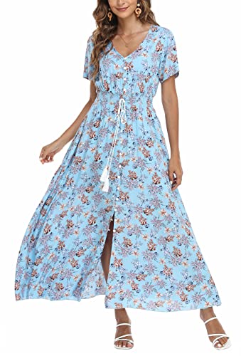 VOGMATE Boho Kleid Damen Lange V-Ausschnitt Kurzarm Blumen Maxikleider Damen Sommer Strandkleid Sommerkleid Herbstkleid Partykleid Blumenkleid Elegant mit Schlitz,L von VOGMATE