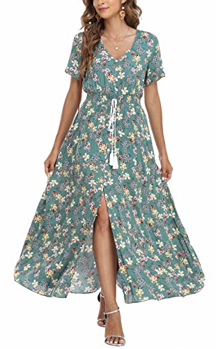 VOGMATE Boho Kleid Damen Lange V-Ausschnitt Kurzarm Blumen Maxikleider Damen Sommer Strandkleid Sommerkleid Herbstkleid Partykleid Blumenkleid Elegant mit Schlitz,L von VOGMATE