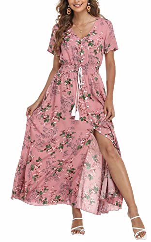 VOGMATE Boho Kleid Damen Lange V-Ausschnitt Kurzarm Blumen Maxikleider Damen Sommer Strandkleid Sommerkleid Herbstkleid Partykleid Blumenkleid Elegant mit Schlitz,L von VOGMATE