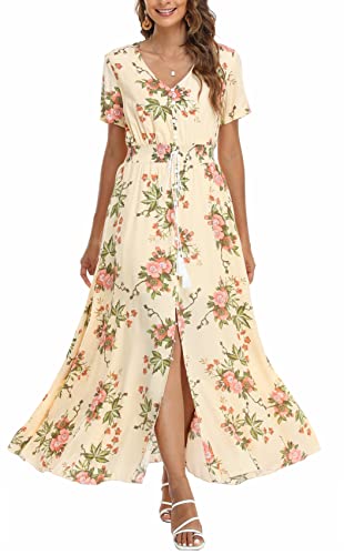 VOGMATE Boho Kleid Damen Lange V-Ausschnitt Kurzarm Blumen Maxikleider Damen Sommer Strandkleid Sommerkleid Herbstkleid Partykleid Blumenkleid Elegant mit Schlitz,L von VOGMATE