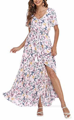 VOGMATE Boho Kleid Damen Lange V-Ausschnitt Kurzarm Blumen Maxikleider Damen Sommer Strandkleid Sommerkleid Herbstkleid Partykleid Blumenkleid Elegant mit Schlitz,M von VOGMATE