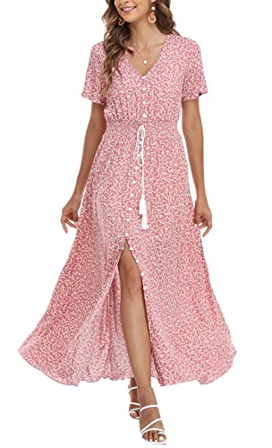 VOGMATE Boho Kleid Damen Lange V-Ausschnitt Kurzarm Blumen Maxikleider Damen Sommer Strandkleid Sommerkleid Herbstkleid Partykleid Blumenkleid Elegant mit Schlitz,S von VOGMATE