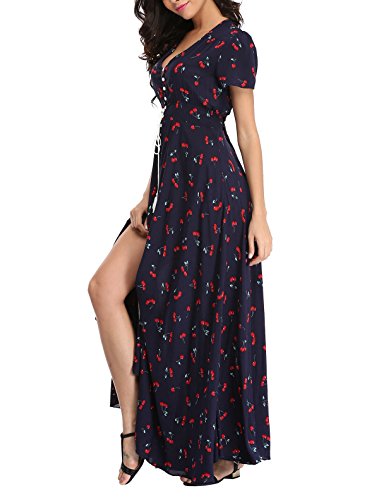 VOGMATE Boho Kleid Damen Lange V-Ausschnitt Kurzarm Blumen Maxikleider Damen Sommer Strandkleid Sommerkleid Herbstkleid Partykleid Blumenkleid Elegant mit Schlitz von VOGMATE