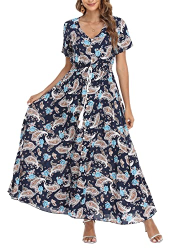 VOGMATE Boho Kleid Damen Lange V-Ausschnitt Kurzarm Blumen Maxikleider Damen Sommer Strandkleid Sommerkleid Herbstkleid Partykleid Blumenkleid Elegant mit Schlitz von VOGMATE