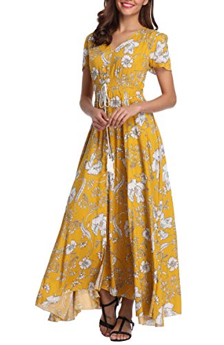 VOGMATE Boho Kleid Damen Lange V-Ausschnitt Kurzarm Blumen Maxikleider Damen Sommer Strandkleid Sommerkleid Herbstkleid Partykleid Blumenkleid Elegant mit Schlitz von VOGMATE