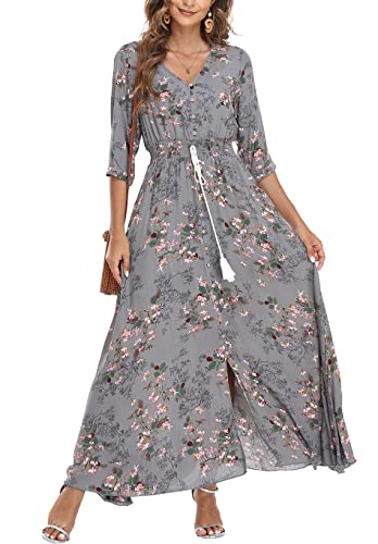 Damen Sommerkleid A Line V-Ausschnitt Standkleid Boho Blumenkleid 3/4 Ärmel Hohe Taille Partykleid Lange Freizeitkleid Grau L von VOGMATE