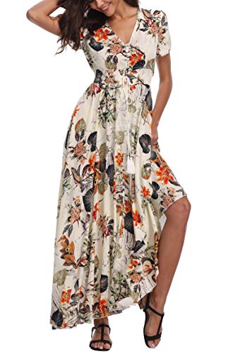 VOGMATE Boho Kleid Damen Lange V-Ausschnitt Kurzarm Blumen Maxikleider Damen Sommer Strandkleid Sommerkleid Herbstkleid Partykleid Blumenkleid Elegant mit Schlitz von VOGMATE