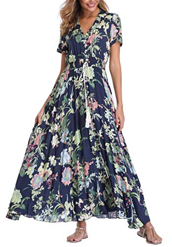 VOGMATE Boho Kleid Damen Lange V-Ausschnitt Kurzarm Blumen Maxikleider Damen Sommer Strandkleid Sommerkleid Herbstkleid Partykleid Blumenkleid Elegant mit Schlitz von VOGMATE