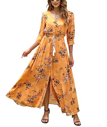 Damen Sommerkleid A Line V-Ausschnitt Standkleid Boho Blumenkleid 3/4 Ärmel Hohe Taille Partykleid Lange Freizeitkleid Gelb Blumen L von VOGMATE