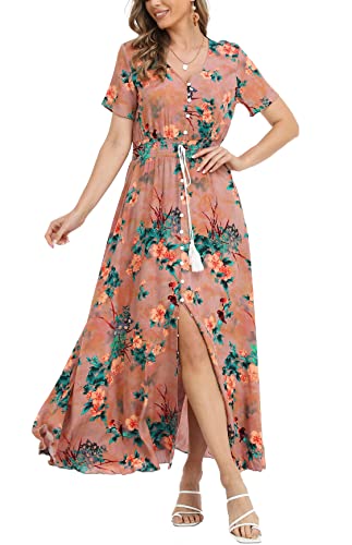 VOGMATE Boho Kleid Damen Lange V-Ausschnitt Kurzarm Blumen Maxikleider Damen Sommer Strandkleid Sommerkleid Herbstkleid Partykleid Blumenkleid Elegant mit Schlitz von VOGMATE