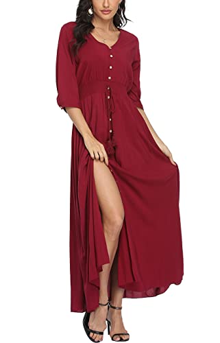 Damen Sommerkleid A Line V-Ausschnitt Standkleid Boho Blumenkleid 3/4 Ärmel Hohe Taille Partykleid Lange Freizeitkleid Rot L von VOGMATE