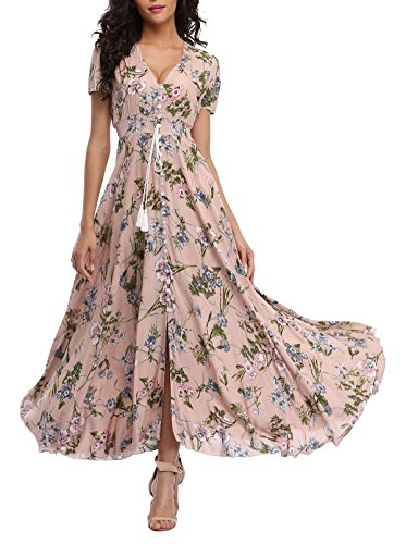 VOGMATE Boho Kleid Damen Lange V-Ausschnitt Kurzarm Blumen Maxikleider Damen Sommer Strandkleid Sommerkleid Herbstkleid Partykleid Blumenkleid Elegant mit Schlitz von VOGMATE