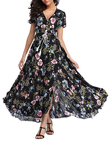 VOGMATE Boho Kleid Damen Lange V-Ausschnitt Kurzarm Blumen Maxikleider Damen Sommer Strandkleid Sommerkleid Herbstkleid Partykleid Blumenkleid Elegant mit Schlitz von VOGMATE