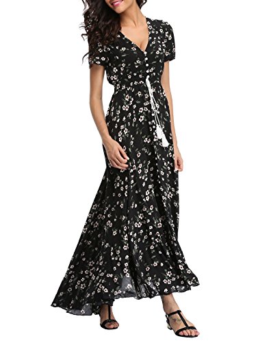 VOGMATE Boho Kleid Damen Lange V-Ausschnitt Kurzarm Blumen Maxikleider Damen Sommer Strandkleid Sommerkleid Herbstkleid Partykleid Blumenkleid Elegant mit Schlitz von VOGMATE