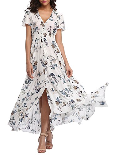 VOGMATE Boho Kleid Damen Lange V-Ausschnitt Kurzarm Blumen Maxikleider Damen Sommer Strandkleid Sommerkleid Herbstkleid Partykleid Blumenkleid Elegant mit Schlitz von VOGMATE