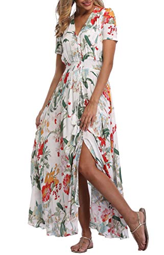 VOGMATE Boho Kleid Damen Lange V-Ausschnitt Kurzarm Blumen Maxikleider Damen Sommer Strandkleid Sommerkleid Herbstkleid Partykleid Blumenkleid Elegant mit Schlitz von VOGMATE