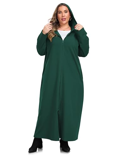 VOGMATE Damen Bademantel 3XL übergröße mit Kapuze Reißverschluss Baumwolle Leichter Lang Morgenmantel Kuschelig Hausmantel Nachtwäsche Große Größen Grün von VOGMATE
