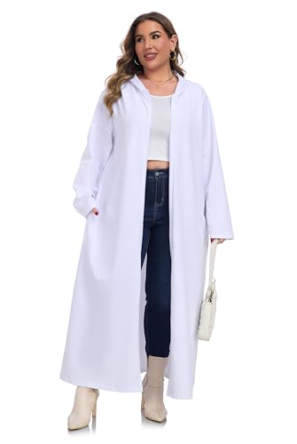 VOGMATE Damen Bademantel 3XL übergröße mit Kapuze Reißverschluss Baumwolle Leichter Lang Morgenmantel Kuschelig Hausmantel Nachtwäsche Große Größen Weiß von VOGMATE