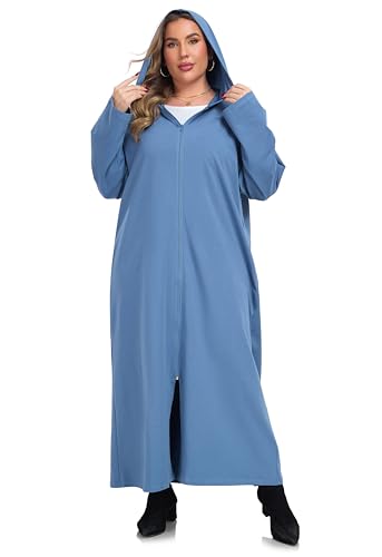 VOGMATE Damen Bademantel 4XL übergröße mit Kapuze Reißverschluss Baumwolle Leichter Lang Morgenmantel Kuschelig Hausmantel Nachtwäsche Große Größen Blau von VOGMATE