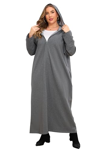VOGMATE Damen Bademantel 4XL übergröße mit Kapuze Reißverschluss Baumwolle Leichter Lang Morgenmantel Kuschelig Hausmantel Nachtwäsche Große Größen Dunkelgrau von VOGMATE