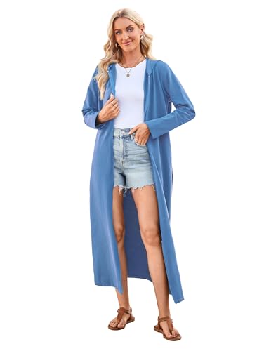 VOGMATE Damen Morgenmantel Reißverschluss Leichter Lang Bademantel mit Kapuze Baumwolle Kuschelig Hausmantel Dünn Hoodies und Sweatshirts BlauXXL von VOGMATE