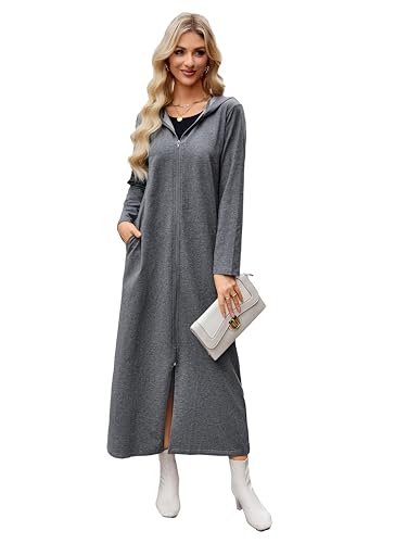 VOGMATE Damen Morgenmantel Reißverschluss Leichter Lang Bademantel mit Kapuze Baumwolle Kuschelig Hausmantel Dünn Hoodies und Sweatshirts DunkelgrauXL von VOGMATE