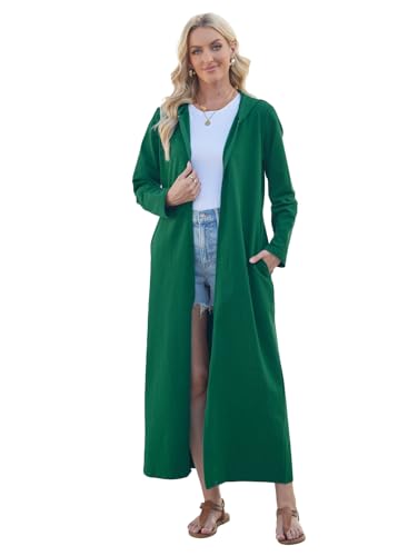 VOGMATE Damen Morgenmantel Reißverschluss Leichter Lang Bademantel mit Kapuze Baumwolle Kuschelig Hausmantel Dünn Hoodies und Sweatshirts GrünXL von VOGMATE