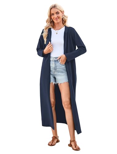 VOGMATE Damen Morgenmantel Reißverschluss Leichter Lang Bademantel mit Kapuze Baumwolle Kuschelig Hausmantel Dünn Hoodies und Sweatshirts KriegsmarineXXL von VOGMATE
