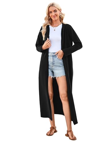 VOGMATE Damen Morgenmantel Reißverschluss Leichter Lang Bademantel mit Kapuze Baumwolle Kuschelig Hausmantel Dünn Hoodies und Sweatshirts Schwarz L von VOGMATE