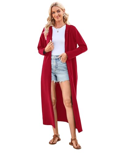 VOGMATE Damen Morgenmantel Reißverschluss Leichter Lang Bademantel mit Kapuze Baumwolle Kuschelig Hausmantel Dünn Hoodies und Sweatshirts WeinXXL von VOGMATE