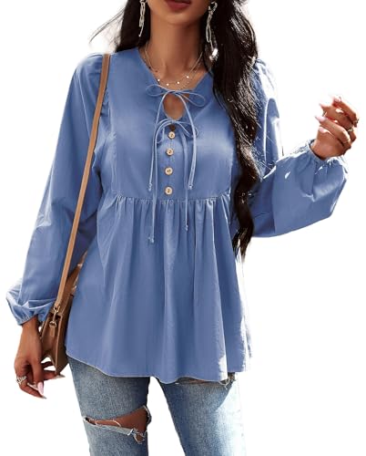 VOGMATE Damen Bluse Langarm Tunika Elegant Modische Baumwolle Oberteile Krawatten V-Ausschnitt Longshirt Locker Top von VOGMATE