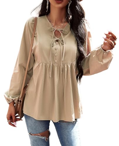VOGMATE Damen Bluse Langarm Tunika Elegant Modische Baumwolle Oberteile Krawatten V-Ausschnitt Longshirt Locker Top von VOGMATE