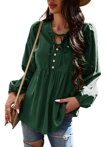 VOGMATE Damen Bluse Langarm Tunika Elegant Modische Baumwolle Oberteile Krawatten V-Ausschnitt Longshirt Locker Top von VOGMATE