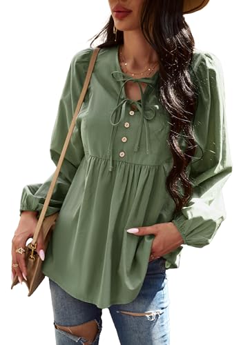 VOGMATE Damen Bluse Langarm Tunika Elegant Modische Baumwolle Oberteile Krawatten V-Ausschnitt Longshirt Locker Top von VOGMATE