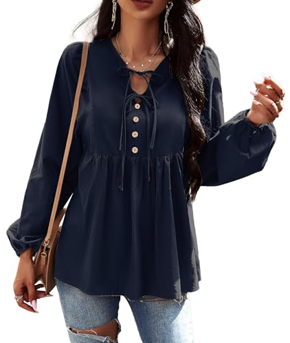 VOGMATE Damen Bluse Langarm Tunika Elegant Modische Baumwolle Oberteile Krawatten V-Ausschnitt Longshirt Locker Top von VOGMATE