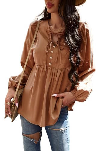 VOGMATE Damen Bluse Langarm Tunika Elegant Modische Baumwolle Oberteile Krawatten V-Ausschnitt Longshirt Locker Top von VOGMATE