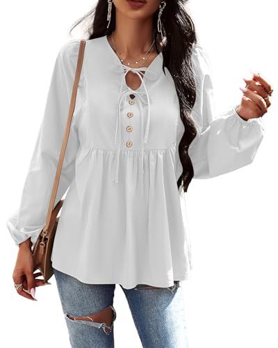 VOGMATE Damen Bluse Langarm Tunika Elegant Modische Baumwolle Oberteile Krawatten V-Ausschnitt Longshirt Locker Top von VOGMATE