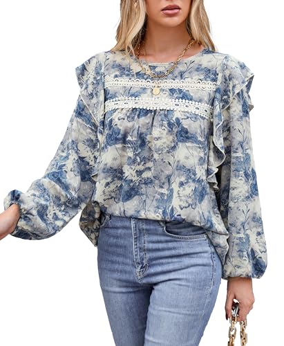 VOGMATE Damen Bluse Langarm Tunika Elegant Rüsche Casual Oberteile mit Rundhalsausschnitt Shirt Blouses for Women von VOGMATE