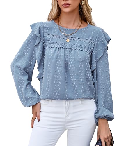 VOGMATE Damen Bluse Langarm Tunika Elegant Rüsche Casual Oberteile mit Rundhalsausschnitt Shirt Blouses for Women von VOGMATE