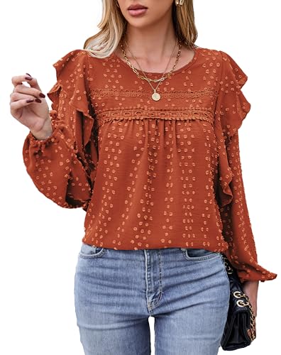 VOGMATE Damen Bluse Langarm Tunika Elegant Rüsche Casual Oberteile mit Rundhalsausschnitt Shirt Blouses for Women von VOGMATE
