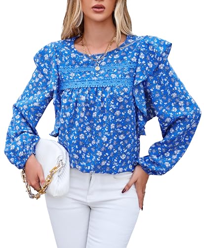 VOGMATE Damen Bluse Langarm Tunika Elegant Rüsche Casual Oberteile mit Rundhalsausschnitt Shirt Blouses for Women von VOGMATE