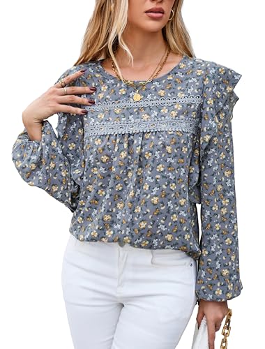 VOGMATE Damen Bluse Langarm Tunika Elegant Rüsche Casual Oberteile mit Rundhalsausschnitt Shirt Blouses for Women von VOGMATE