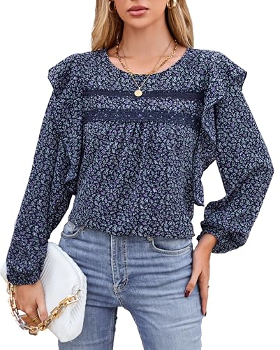 VOGMATE Damen Bluse Langarm Tunika Elegant Rüsche Casual Oberteile mit Rundhalsausschnitt Shirt Blouses for Women von VOGMATE